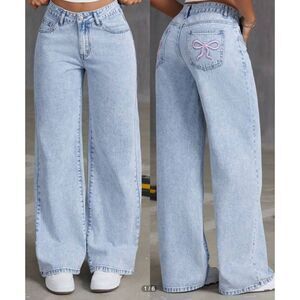Your Cute Jeans Womens Embroidered Bow Knot Washed‎ Wide Leg Jeans Size 15 W30"